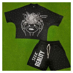 ชุดเซ็ตฤดูร้อนแบบยูนิเซ็กซ์ สปอร์ต สตรีทแวร์ ผ้าฝ้าย ชุดแทรคสูท เสื้อยืดและกางเกงขาสั้นผู้ชาย ล้างสีแบบแอซิด สไตล์ลำลอง เสื้อยืดน้ำหนักเบา - Product Image 6