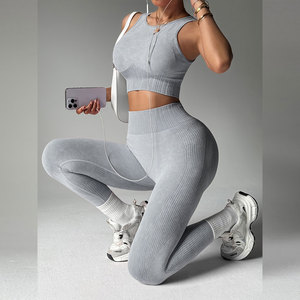 Conjunto de Yoga de 3 Piezas sin Costuras, Top Corto Acanalado de Color Sólido, Leggings de Cintura Alta, Sin Mangas, de Spandex y Poliéster - Product Image 6
