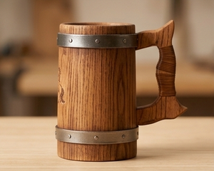 แก้วเบียร์ไม้ทำมือรักษ์โลกพร้อมหูจับ แก้วไม้สลักลายแบบเรียบง่าย ใช้ซ้ำได้ เหมาะสำหรับดื่มและเป็นของขวัญ - Product Image 4