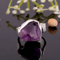 Bague en améthyste brute naturelle en argent sterling 925, faite à la main, pour femme – Bijou statement en cristal violet brut