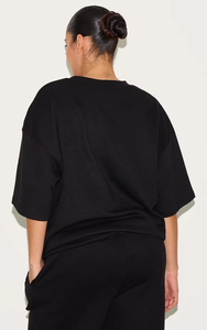 Women's Black Oversized <b>Crop</b> <b>Top</b> Drop Shoulder Loose Fit Crew Neck Knitted Solid Color Short Sleeve T-Shirt All Seasons - Product Image 2