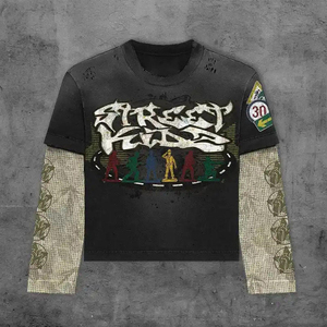 T-shirt vintage pour homme à manches longues double couche, délavé à l'acide, effet vieilli, avec logo personnalisé sérigraphié, en coton coupe ample - Product Image 3