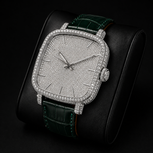 Reloj de Hombre con Esfera Plateada y Cristales, Correa de Cuero Verde, Esfera con Piedras Brillantes, Reloj de Lujo a la Moda - Product Image 1