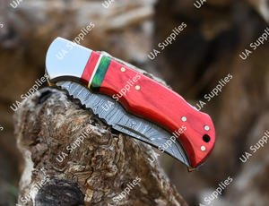 Cuchillo Plegable Profesional Hecho a Mano de Acero de Damasco con Bloqueo Trasero, Mango de Madera Pakka, Táctico, EDC, Supervivencia, Recto, con Funda de Cuero - Product Image 6