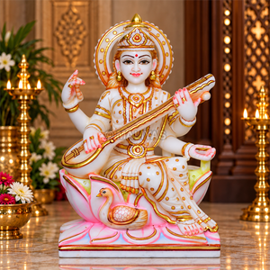 รูปปั้นเทพีศรีสวัสดิ์หินอ่อนสำหรับวัดและบ้าน |   รูปปั้นพระสราสวทีหินอ่อนสีขาว |   พระพุทธรูปมณีสราสวที งานฝีมือทำมือ – มาลียาส - Product Image 1