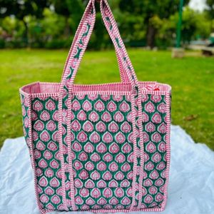 Oversized Large Quilted Weekend Tote <b>Bag</b> - Cotton Block Printed Overnight <b>Bag</b> Grocery Shopping Travel Handmade <b>Bags</b> For Women - Product Image 3
