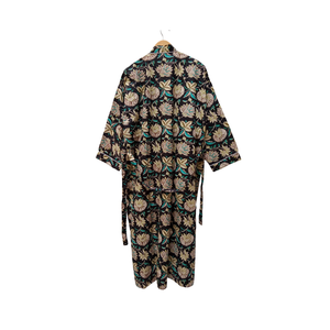 Kimono de Algodón con Estampado Étnico Hecho a Mano |   Bata de dormir de manga larga con cuello en V para mujer |   Bata Larga con Cordón Ajustable y Bolsillo Frontal, Modelo Masterpiece - Product Image 2