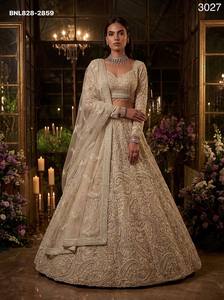 Wedding wear Heavy <b>Net</b> with Pearl & Sequin Embroidered A-Line Ivory Lehenga- Fancy Border Readymade Blouse Set At Wholesale Rate - Product Image 6