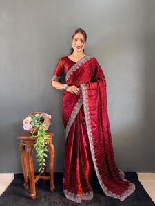 Saris en Soie et Coton Prêts à Porter – Nouveauté Ethnique RANGOLI en Soie avec Broderie Swarovski et Blouse Non Cousue 79660 - Product Image 1