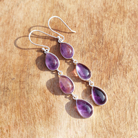 Boucles d'oreilles pendantes longues style bohème en laiton plaqué argent, avec améthyste naturelle en forme de goutte et pierres multicolores violettes, bijoux de fête pour femme