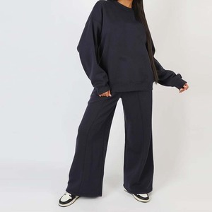 Women <b>Plus</b> <b>Size</b> Navy Blue Cotton Tracksuit Set Crew Neck <b>Sweater</b> Wide Leg Pants Loose Fit Casual Autumn Wear Full Length - Product Image 1