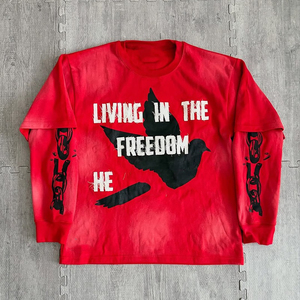 Living In The Freedom He T-shirt à manches longues pour homme, style streetwear, imprimé, col rond, coupe régulière, jersey de coton - Product Image 4