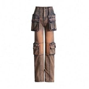 High Waist Distressed Washed Cargo Pants Women's Utility Loose Fit Full Length Denim With Multiple Pocket Cargo Pant For Women's - Product Image 1