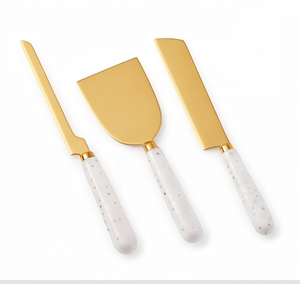 Modern Gold Cheese Knife Set With Marble Handle 3-Piece Durable Metal Utensils For Serving Use And Cutting Cheese Use - Product Image 1