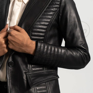 Women Black Real <b>Leather</b> <b>Blazer</b> <b>Jacket</b> Slim Fit Premium Sheepskin Quilted Paneling Casual Business Outerwear Fashionable Coat - Product Image 3