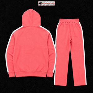 Conjunto Deportivo para Hombre Color Rosa Coral, Sudadera con Capucha y Pantalones Jogger con Logotipo Personalizado, Franja Lateral Blanca, Ropa Deportiva de Calle, Venta al Por Mayor - Product Image 6