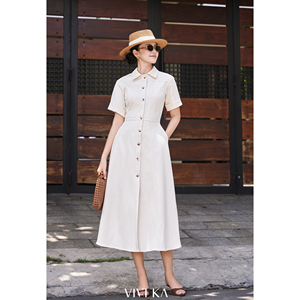 Vestido Camisero Elegante de Poliéster y Elastano para Mujer, Vestido Midi con Botones al Frente, Manga Corta, Corte en A, Vestido Casual de Oficina TESSA - Product Image 1
