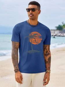 Camiseta Azul de Manga Corta para Hombre con Estampado de Palmeras al Atardecer, Cuello Redondo, Corte Regular Informal, 100% Algodón Jersey Transpirable - Product Image 4