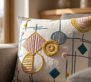 Geo Play Embroidered Eco-friendly Bohemian Floral 100% Cotton Customizable Square Home <b>Cushion</b> <b>Cover</b> - Product Image 1