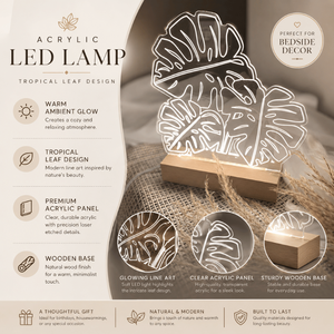 Modern Acrylic LED Lamp with Tropical <b>Leaf</b> Design | Warm Ambient Night <b>Light</b> with Wooden Base for Bedroom Bedside Table and Home - Product Image 4