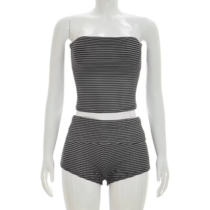 New Summer Casual Stretch Two-pieces Short Set With Strapless Tube <b>Top</b> and Slim Tight Shorts - Product Image 1