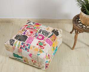 Housse de coussin carrée patchwork, broderie artisanale, style bohème, coton et lin, décoration intérieure - Product Image 3