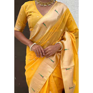Sari en organza de soie jaune tissé Elite Weaves avec Paithani Zari, tenue ethnique traditionnelle indienne et pakistanaise pour les fêtes, idéal pour l'hiver/été - Product Image 5