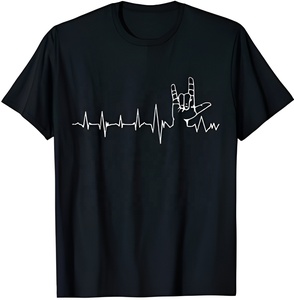 เสื้อยืดแขนสั้นสีดำสำหรับผู้ชาย พิมพ์ลายหัวใจร็อคแฮนด์ คอโอ ผ้าฝ้ายเจอร์ซีย์ ทรงพอดีตัว สไตล์ลำลอง - Product Image 1