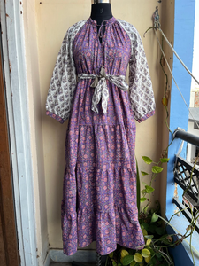 เดรสยาวผ้าฝ้ายพิมพ์ลายบล็อก รุ่นใหม่ล่าสุด สำหรับใส่หน้าร้อน ไซส์ใหญ่ คอวี แขนยาว สำหรับผู้หญิง - Product Image 6