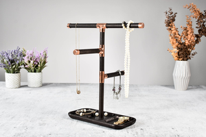 Support de rangement pour bijoux en bois avec porte-montres et porte-colliers, présentoir à bijoux en bois rustique avec plateau de rangement pour comptoir - Product Image 5