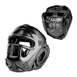 Protège-tête de boxe en cuir PU noir avec barre faciale, équipement de protection pour adultes, usage sportif unisexe - Product Image 1