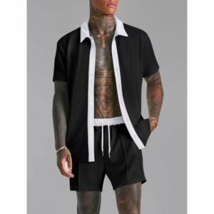 ชุดเซ็ตสองชิ้นสำหรับผู้ชาย เสื้อเชิ้ตแขนสั้นติดกระดุมคอปกตัดสี และกางเกงขาสั้นเอวยางยืด ชุดลำลองสำหรับฤดูร้อน - Product Image 2