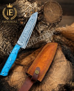 Couteau de Chef en Acier Damas, Lame en Acier Carbone, Style Industriel, Manche en Résine Bleue, Orientation Réglable de la Main, Étui en Cuir - Product Image 4