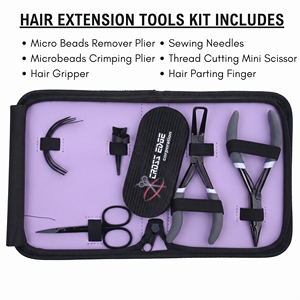 Kit professionnel d'outils pour extensions capillaires en acier inoxydable : pinces à micro-perles, aiguilles à coudre, séparateur de mèches Velcro - Product Image 2