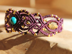 Handmade Macrame Turquoise <b>Bracelet</b> Natural Blue Stone Purple Cord Gold Beads <b>Adjustable</b> Boho Jewelry for Women - Product Image 3