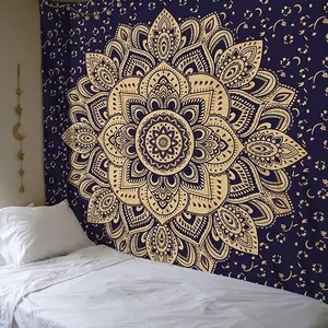 Groothandel Mandala Muur Opknoping Wandtapijten 100% Katoen Blauw Gouden Bloem Ombre Bohemian Tapestry