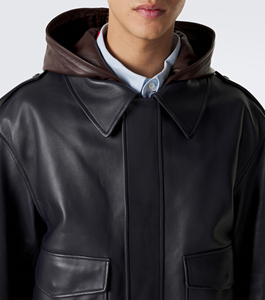 Blouson aviateur en cuir noir pour homme avec capuche, col rabattable, fermeture éclair, poches, vêtement d'automne, mode OEM - Product Image 4