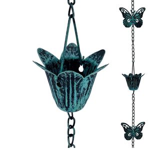 Cadena de Lluvia con Patina Turquesa, Diseño de Flor de Loto y Adorno de Mariposa, Cascada de Agua para Jardín o Techo - Product Image 1