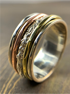 Multi-Layer 925 <b>Silver</b> Wide Band <b>Spinner</b> <b>Ring</b> Simple Boho Style Textured Floral Everyday Casual Wear Jewelry - Product Image 2