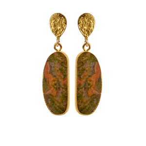 Genuine Unakite Gemstone <b>Cute</b> Bezel Setting Stud <b>Earrings</b> for Women 18K Gold Plated Brass Handmade Statement Jewelry - Product Image 3