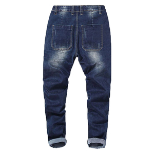 Jean en denim coupe droite pour homme, qualité luxe, en coton mi-lourd, délavé et vieilli, décontracté, coupe régulière, style automne, avec détails patchwork - Product Image 3