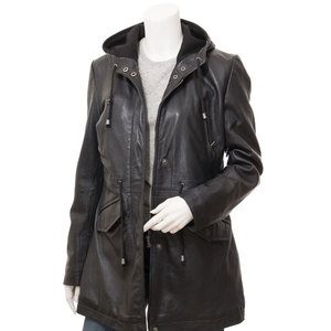 Chaqueta de Motocicleta con Capucha de Cuero Genuino para Mujer, Cierre de Cremallera de Manga Larga, Estilo Utilitario a Prueba de Viento, Abrigo de Invierno de Color Sólido - Product Image 3