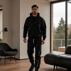 Sudadera con Capucha Negra para Hombre, Conjunto Deportivo, Color Sólido, Ropa Casual, 100% Algodón, Cierre con Cordón, Bolsillos Laterales - Product Image 5