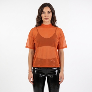 Haut à col roulé en maille orange pour femme, manches courtes, léger, transparent, t-shirt en maille légère pour femme - Product Image 6