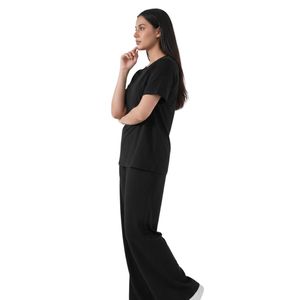 <b>Women</b> <b>Black</b> Two Piece Lounge Set Short Sleeve Top Matching Wide Leg Pants Casual Comfortable Homewear Custom OEM Apparel - Product Image 2