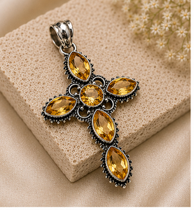 Natural Citrine Cross Pendant, Sterling <b>Silver</b> Cross Necklace, Faceted Citrine Gemstone Jewelry, November Birthstone Pendant, Ye - Product Image 1