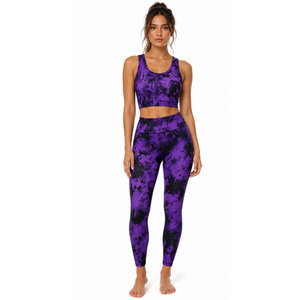 Ensemble de yoga 2 pièces pour femme, violet et noir, avec leggings taille haute et crop top dos nageur à col rond, en Spandex et Polyester sans couture - Product Image 3
