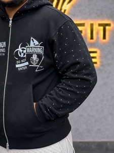 Sweat à capuche zippé noir surdimensionné en polaire pour homme Rexfit Sports, style streetwear, avec imprimé frontal et détails en strass - Product Image 6