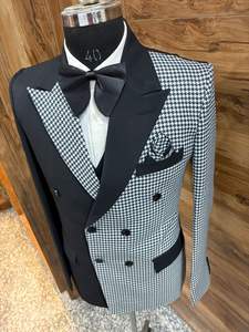 Costume de smoking croisé noir et blanc à motif pied-de-poule pour homme – Blazer de créateur pour mariage, marié ou bal de promo avec nœud papillon - Product Image 3