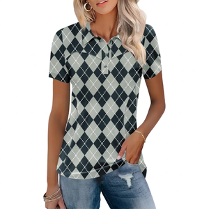 Polo pour femme à motif Argyle, manches courtes, décontracté, respirant, en polyester tissé - Product Image 4